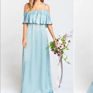 show me your mumu caitlin ruffle maxi dress silver sage sheen women small